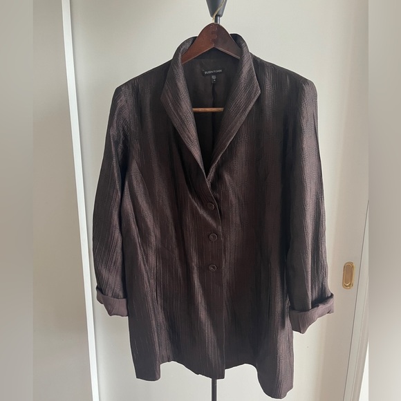 Eileen Fisher Women Silk Jacket Blazer Coat Brown Textured Silk Lined $299 Med - Picture 1 of 12